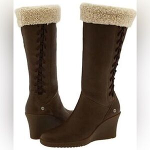 UGG Felicity Brown Shearling-Lined Mid Calf Lace Leather Wedge Boots